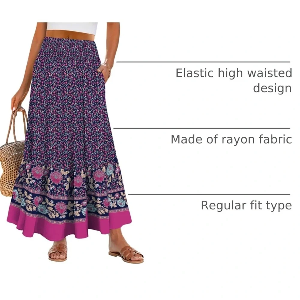 ANRABESS Women's Boho Maxi Skirt - Navy w/Floral Print, Size L NWT - Picture 2 of 7
